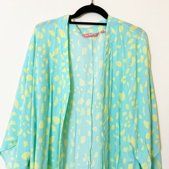 All Worthy Aqua Yellow Kimono Cardigan, Size XS Abstract Polka Dot Print - Picture 2 of 7